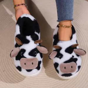 Fluffy Slippers Women Home Casual Plush Winter Designer Shoes Girls Flat Cartoon Cow Cute Platform Fur Slides Indoor Large Size